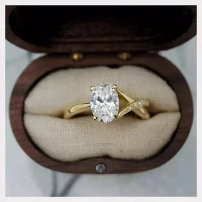 真品莫桑石 2.50 克拉椭圆形切割订婚戒指女式 14K 镀黄金 — 第 1/4 张图片