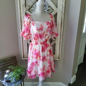Peach Love California Women's Smocked Waist Ruffle Tie Back Dress in Pink Floral - Picture 1 of 17