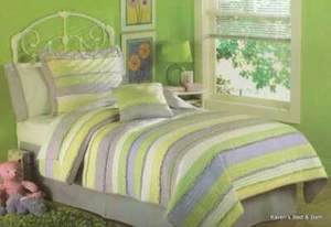 Annas Ruffles Twin Quilt + Pillow Sham Green Yellow Purple Stripe Cotton Bedding - Picture 1 of 1