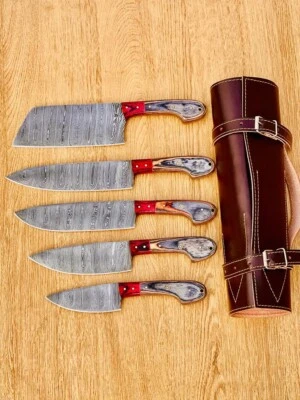 CUSTOM DAMASCUS STEEL 5 PCS forged  CHEF KNIFE SET WITH LEATHER ROLL BAG - Image 1 of 4