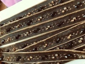 velvet ribbon hand beaded 1" coffee brown 1yd - Picture 1 of 4