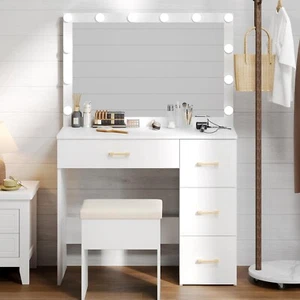 90cm Vanity Desk Lighted Mirror Makeup Dressing Table W/ Stool 4 Drawer, Outlet - Picture 1 of 11
