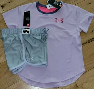 Under Armour tee shirt front/back & shorts set NWT girls' M YMD lavender gray - Picture 1 of 3