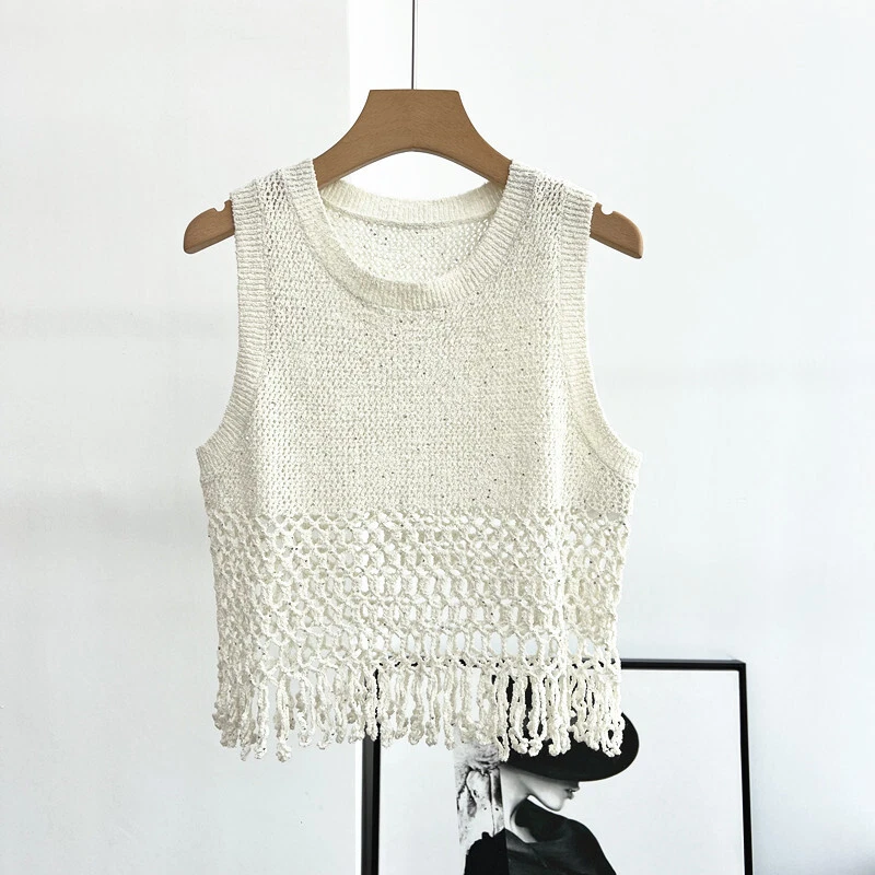 Brunello Cucinelli Womens Round Neck Sleeveless Hollow Sequined Linen Vest - Image 1 of 4