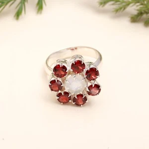 Sterling Silver Garnet Gemstone Moonstone Mother Statement Bezel Ring Jewelry - Picture 1 of 8