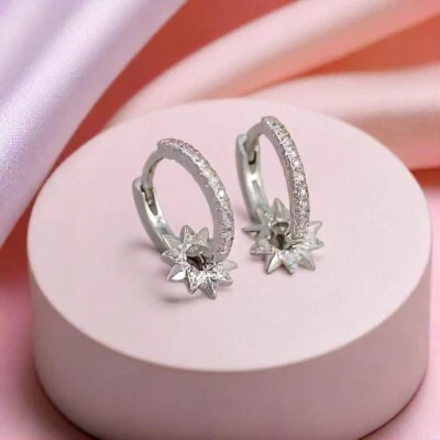 Silver Sparkle Star Huggies Earrings, Celestial CZ Hoop Design, Unique Jewellery - Image 1 of 4