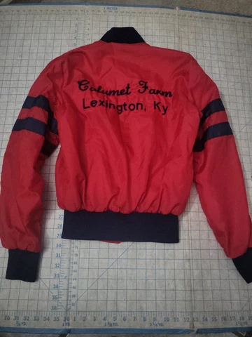 VTG Calumet Farms Horse Racing Jacket  LEXINGTON KY Small Snap Up red Bluegrass Cover