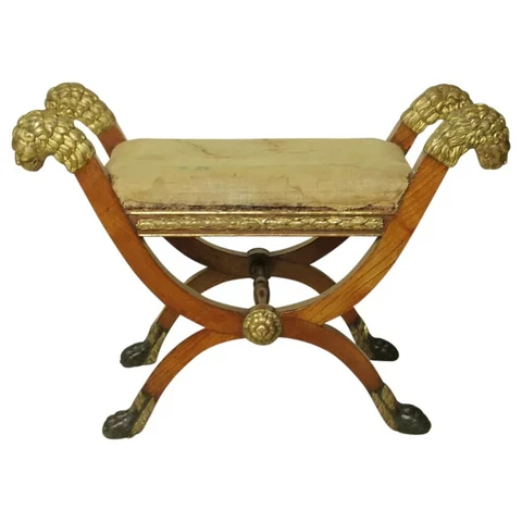 Period Empire Cherry Wood Bench with Lion Heads and Paw Feet Cover