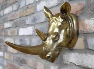 Gold Rhino Head Wall Statue Home Decor Safari Africa Wildlife Gifts Statues - Picture 1 of 6