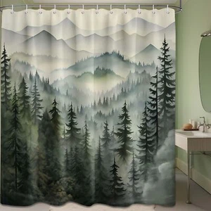 Green Mountain Forest Shower Curtain 70x78" Rustic Pine Tree Landscape with Hook - Picture 1 of 7