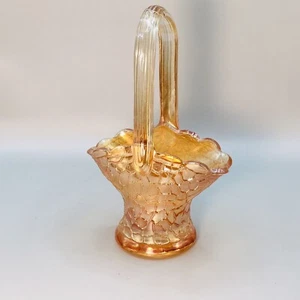 Carnival Glass Iridescent Marigold Basket with Handle Crackle Design 6”H 4”L 2”W - Picture 1 of 6