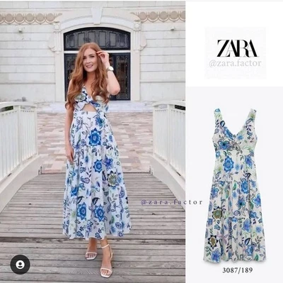 NUEVO CON ETIQUETAS ZARA BLANCO AZUL ALGODÓN FLORAL VESTIDO FLORAL CON NUDO TALLA XL Foto 1 de 4