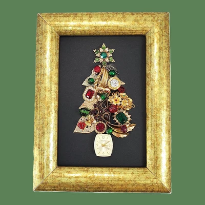 Small Framed Vintage Jewelry Art Gold Tone CHRISTMAS TREE 6.25"x4.75" - Image 1 of 4
