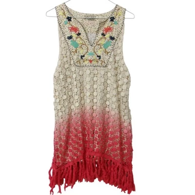 Gimmicks Bohemian Ombre Crochet Fringe V Neck Sleeveless Mini Dress Medium - Image 1 of 3