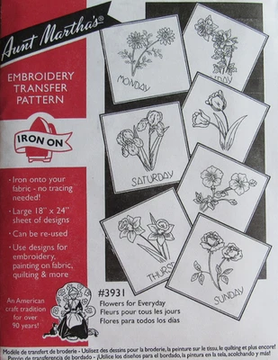 Aunt Martha's 3931 FLOWERS for Everyday Days of Week Embroidery Transfer Pattern - Image 1 of 2