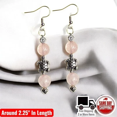 Розовый кварц черепаха из нержавеющей стали французский крюк падение вниз серьги стиль #2 - Изображение 1 из 3