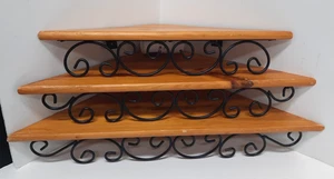 Set of 3 Corner Wall Shelves Wood w/Black Wrought Iron Trim Triangle Gradation - Picture 1 of 7