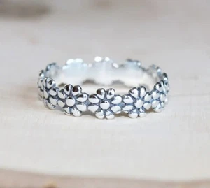 Boho Link Daisy Flower Sterling Silver Stacking Eternity Ring Gift Idea For Her - Picture 1 of 4