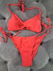 Women's String Bikini Small Red Triangle Padded Cheeky - Picture 1 of 3