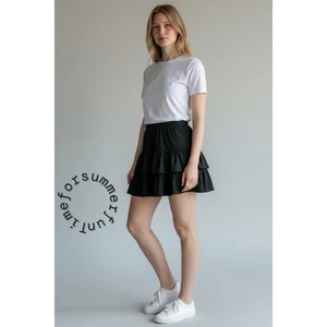 Shein Damen Schwarz Rüschen Stufen Minirock Elastische Taille Freizeit Party Süß L - Bild 1 von 6