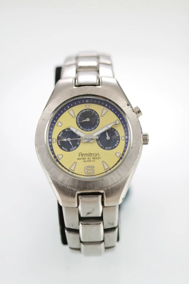 Reloj Hombre Armitron Acero Inoxidable Plata 50m Mes Día Fecha Negro Amarillo Cuarzo Foto 1 de 4
