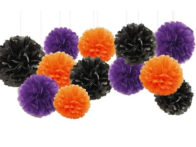 12PCs Tissue Paper Pom Pom Pompom Party Decor(Purple Black Orange , 8"+10") - Image 1 of 4