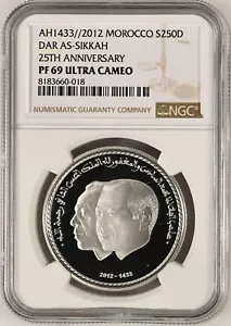 MAROCCO 250 Dirham 2012 AH1433 Argento NGC PF69 Dar As-Sikkah Mint 25° Ann. - Foto 1 di 4