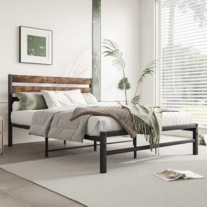 Bed Frame Full Size Metal Platform with Wooden Rustic Brown Headboard Footboard - Picture 1 of 9