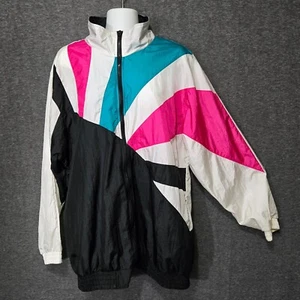Vintage 80s Bridge Gate Windbreaker Womens Large White Black Pink Nylon Jacket - Picture 1 of 10