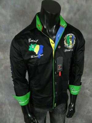 Camisa Para Hombres ABSOLUTE REBELION Negra Bordada COPA MUNDIAL FÚTBOL BRASIL Botón Foto 1 de 4