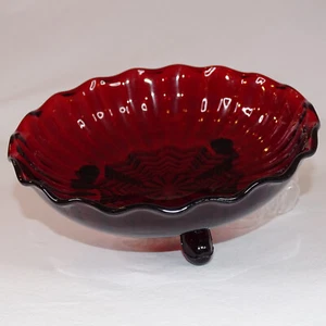 VINTAGE Anchor Hocking Rich Royal Ruby Red Glass Dish 3-footed Scallop Edge Rare - Picture 1 of 9