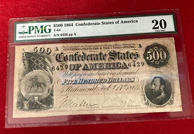 RARE CONFEDERATE $500.00 NOTE PMG 20 VERY FINE A NICE NOTE - Image 1 of 2