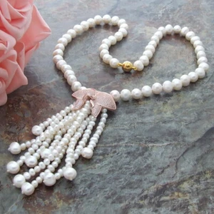 22''10mm white Pearl Necklace Pearl Rose Gold Flower Cz pave pendant - Picture 1 of 4