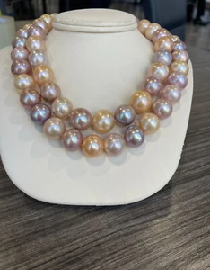 2 Multi Color Freshwater Light Color Pearls Light Colors 12x14mm. 14k Clasp. - Picture 1 of 12