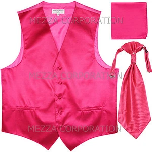 New Men's Tuxedo Vest Horizontal Stripes Ascot Cravat Hankie set party Hot Pink - Picture 1 of 3