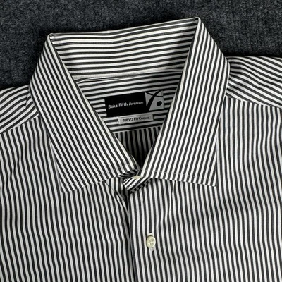 Black Saks Fifth Avenue Shirt Mens 18/46 Black & White Striped 100s 2 Ply - Image 1 of 4