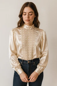 Vintage 80er 90er klein creme Satin Spitze vorne hochgeschlossen Top Prairie Edwardian - Bild 1 von 8