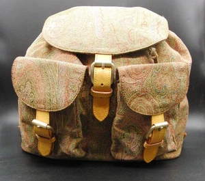 Etro Paisley Print Backpack Tan Leather Buckle Flap Top Daypack Adjustable Strap - Picture 1 of 11