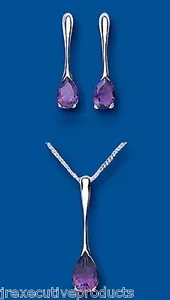 Ametista Set Argento Sterling Massiccio Ciondolo E Drop Orecchini Naturale Sassi - Foto 1 di 3