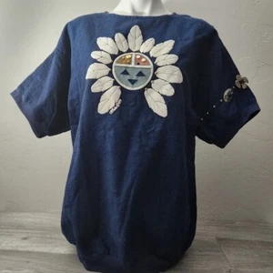 Vintage Lida Souers blau Top L Indianer verziert Feder Azteken 80er - Bild 1 von 15