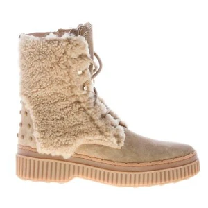 TOD'S women shoes Light tobacco beige suede laced ankle boot with sheepskin - Bild 1 von 8