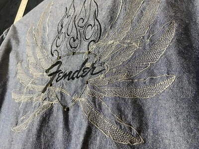 "Rock And Roll Religion" Fender Embroidered Soft Denim Button Up (Size: XL) - Image 1 of 4
