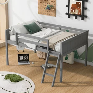 Full Size Wood Low Loft Bed with Ladder, ladder can be placed on the left or rig - Picture 1 of 12