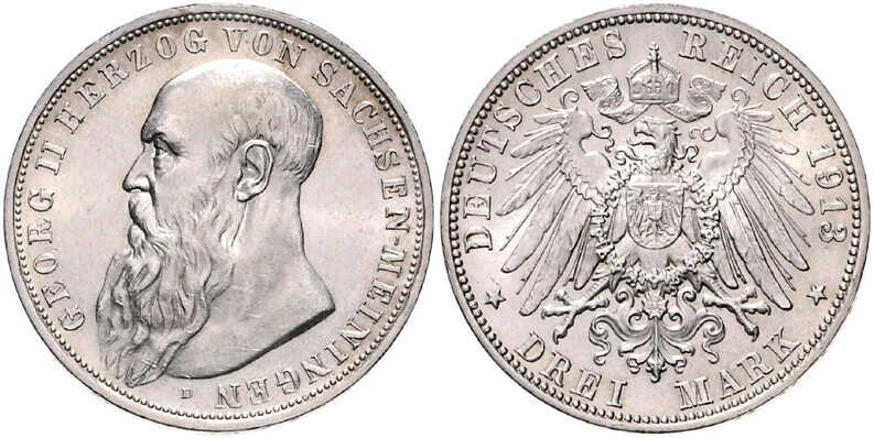 SACHSEN-MEININGEN 3 Mark 1913 D Jaeger 152 fast Stempelglanz - Bild 1 von 1