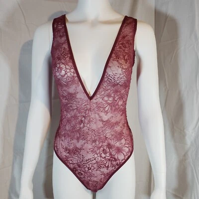 Victoria's Secret Deep V Plunge Bodysuit Large Maroon Burgundy Floral Lace Mesh - Image 1 of 3