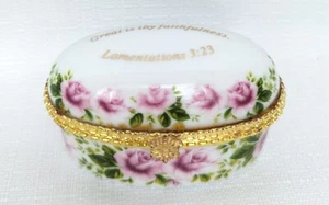 Mini Jewelry Trinket Box Imperial Porcelain Religious Pink Roses Gold Trim EC - Picture 1 of 12