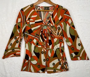 Sere Nade NY  Womens Shirt Medium Mod 70s Print Attached Tank Top Green Orange - Picture 1 of 13