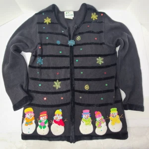 Quacker Factory Womens Cardigan Sweater Gray Ugly Christmas Snowmen Snowflakes M - Picture 1 of 12
