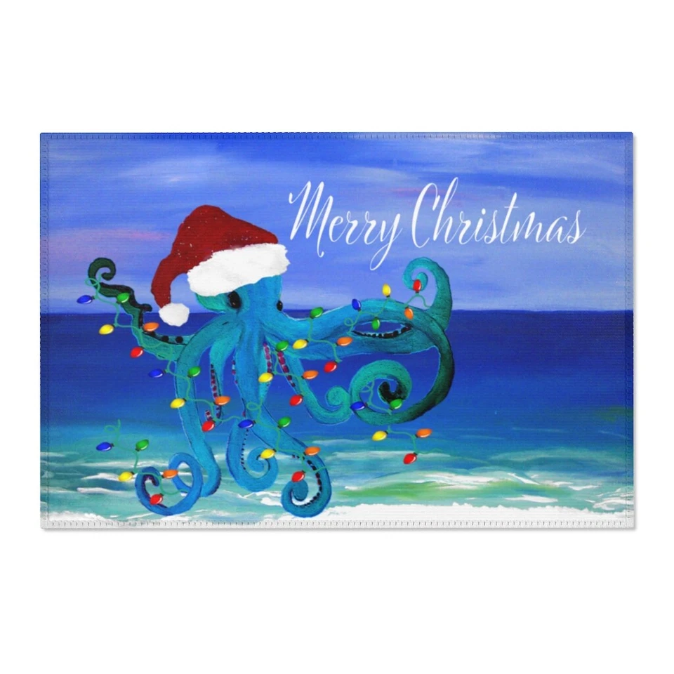Christmas octopus Holiday lights beach Area Rugs - Image 1 of 1