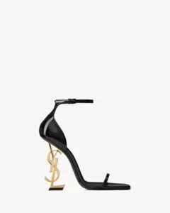 Saint Laurent OPYUM Sandals in Black Patent Leather – Iconic YSL Heel, Size 8-US - Picture 1 of 4